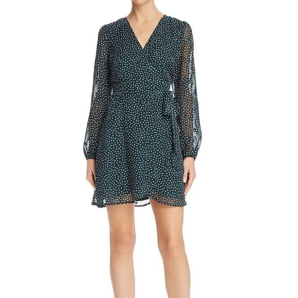 Sage The Label Womens Green V-Neck Polka Dot Embroidered Mini Wrap Dress Size S - Picture 1 of 9
